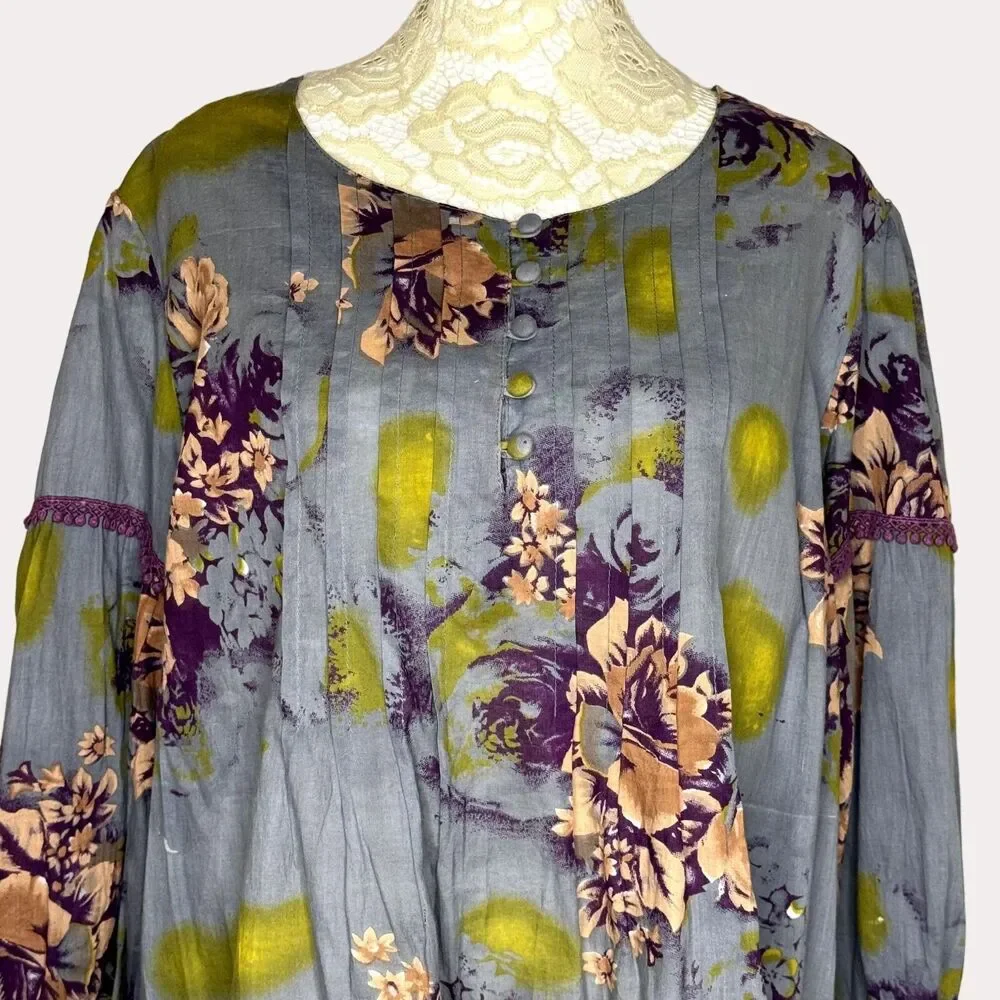 World Market Boho Pleated Crochet Trim Swing Top Blouse Floral S M
